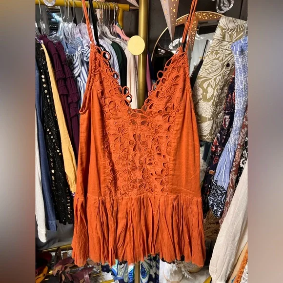 Free People FP One Casella Drop Waist Embroidered Slip Mini Dress in Rust - Picture 5 of 7